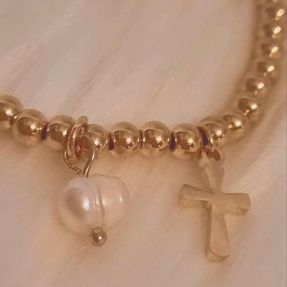 Gold Beaded Bracelet with Gold Cross Charm & Faux Pearl Charm - Picture 6 of 7